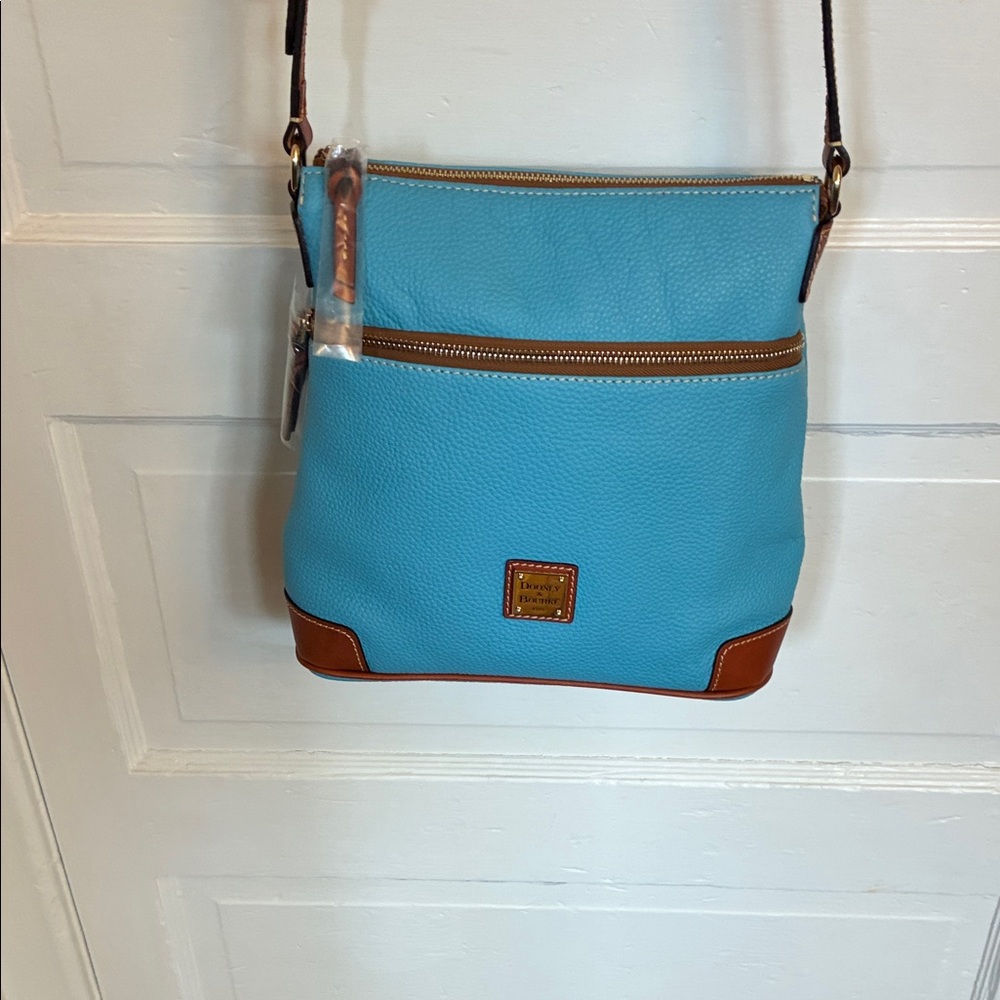 253 Dooney & Bourke Turquoise Pebble Leather Crossbody with Tan Trim